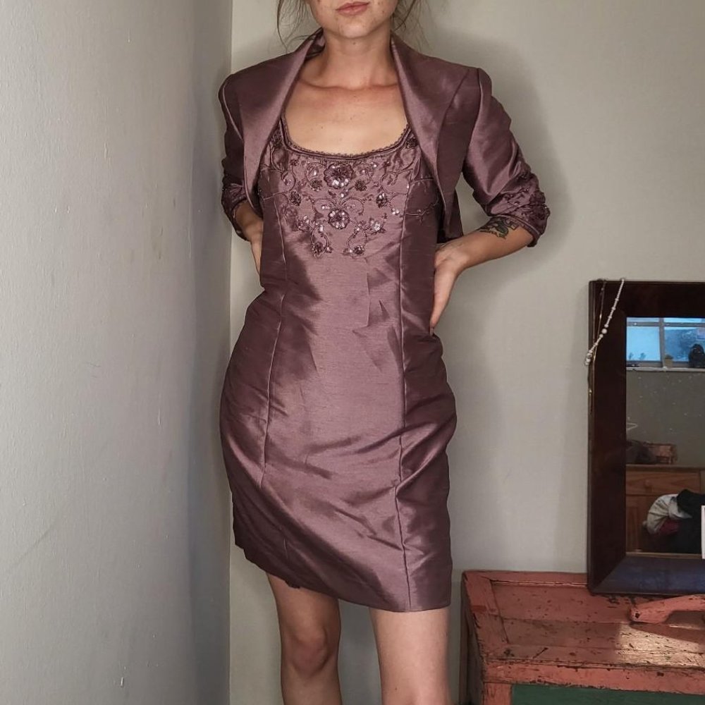 Sz 4, Vintage 80s magenta beaded  formal, Cachet, midi tank dress w petticoat